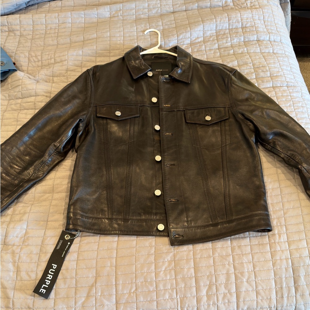 Purple Men's Leather Bomber Jacket - Black